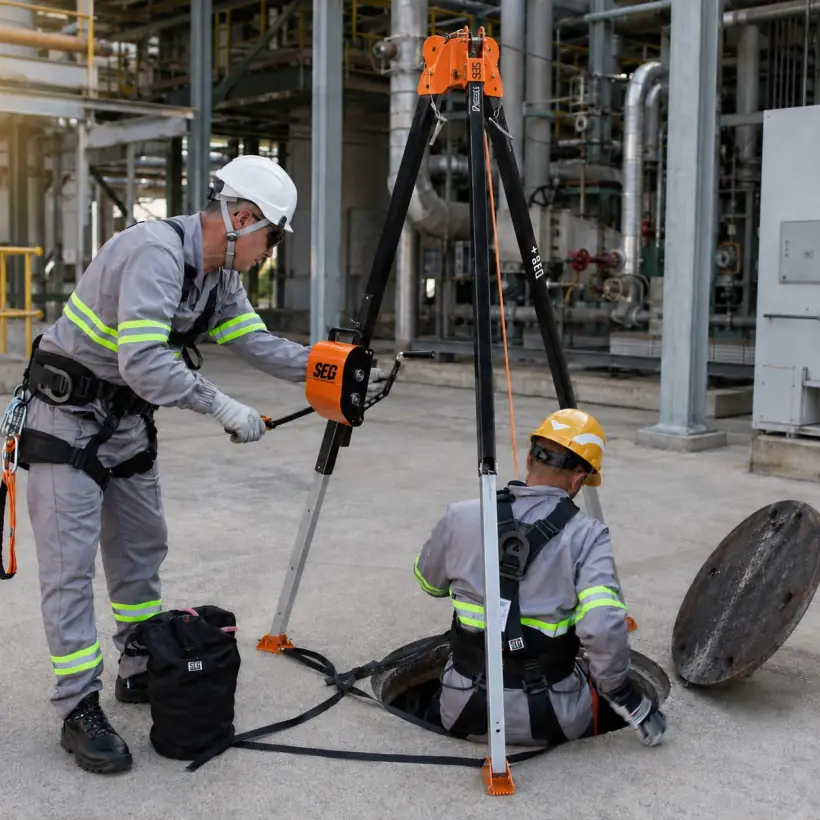 Equipe com tripé de acesso e resgate em espaço confinado industrial